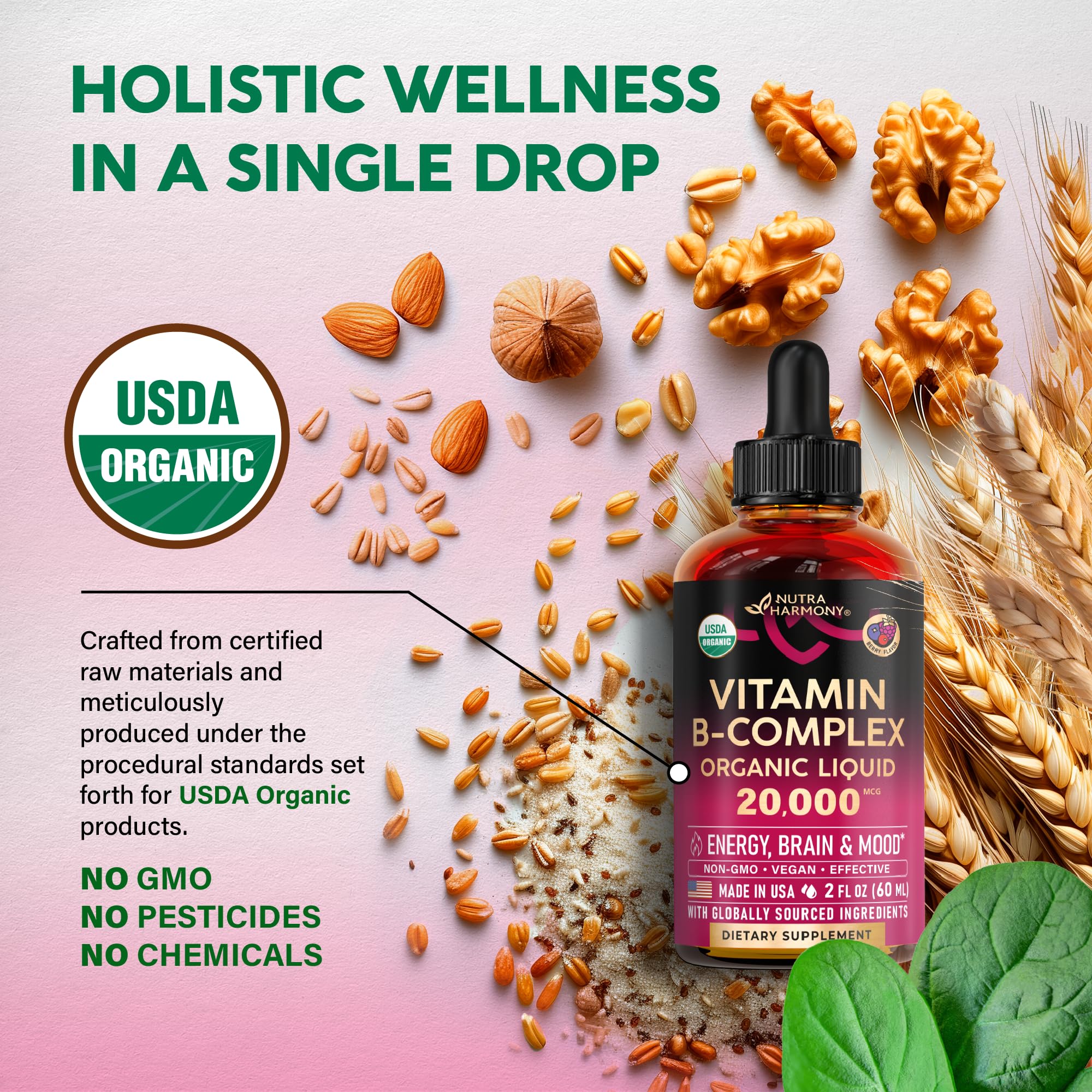 USDA Organic Vitamin B-Complex 20000mcg - B5, B12, B1, B6, B7, B9, B3 - 2Oz | B Complex Liquid Drops - Pantothenic Acid, Methylcobalamin, Thiamine, Pyridoxine, Biotin, Folic, Niacinamide - Berry Flavor