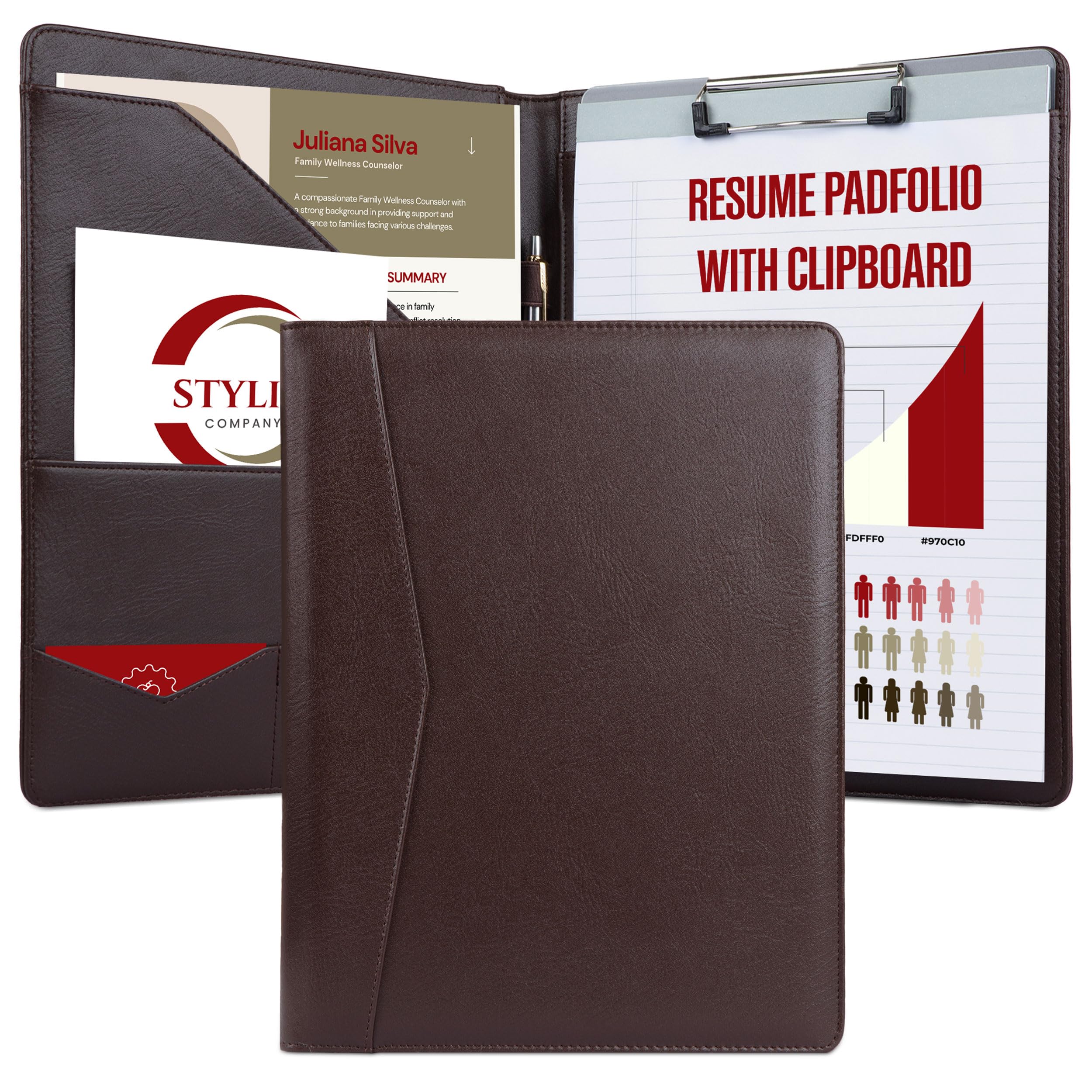 Buy now STYLIO Padfolio Portfolio Organizer Binder | Interview Resume Folder, Legal Document, Business Card Holder |w/Letter-Sized Notepad | Handsome Piano Noir Faux Leather Folio Matte Finish, Accent Stitch Padfolio w Clipboard (12.5" x 9.7" x 1") Walnut at indiglob india