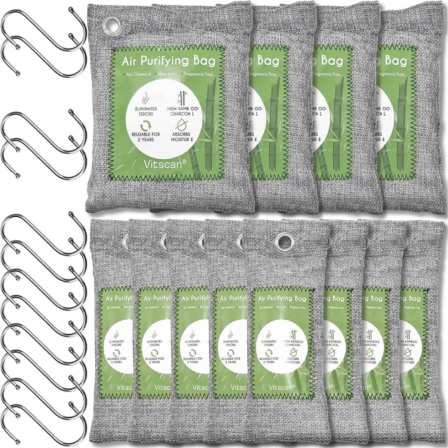 Buy now 12 Pack Bamboo Air Purifying Bag, Activated Charcoal Bags Odor Absorber, Moisture Absorber, Natural Car Air Freshener, Shoe Deodorizer, Odor Eliminators For Home, Pet, Closet (6x50g, 6x150g) 12 Pack at indiglob india