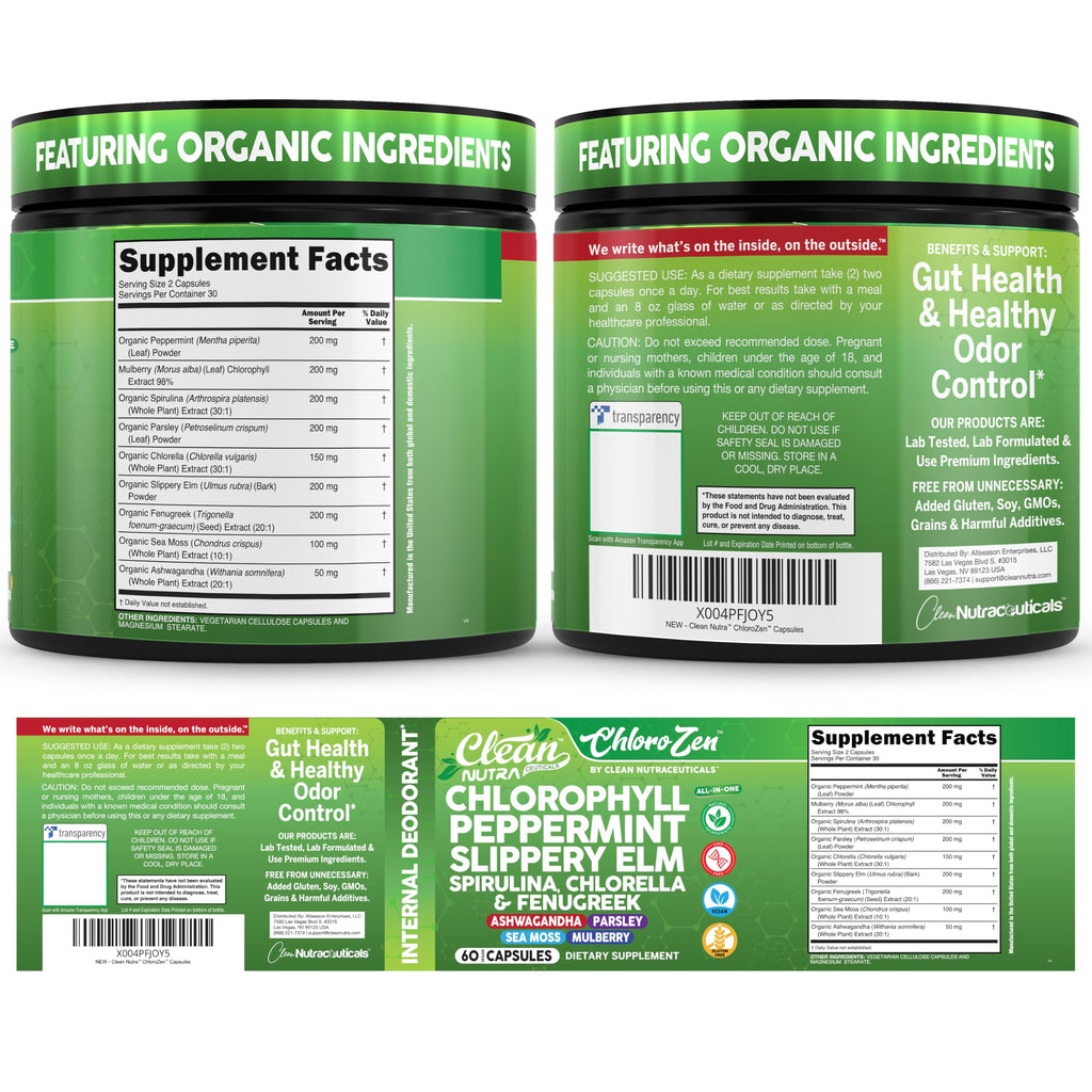 Clean Nutra Chlorophyll Capsules + Peppermint Slippery Elm Spirulina Chlorella Fenugreek Ashwagandha Sea Moss Supplement – Ph Balance for Women Detox Internal Deodorant Supplement + Prebiotics 60 Ct