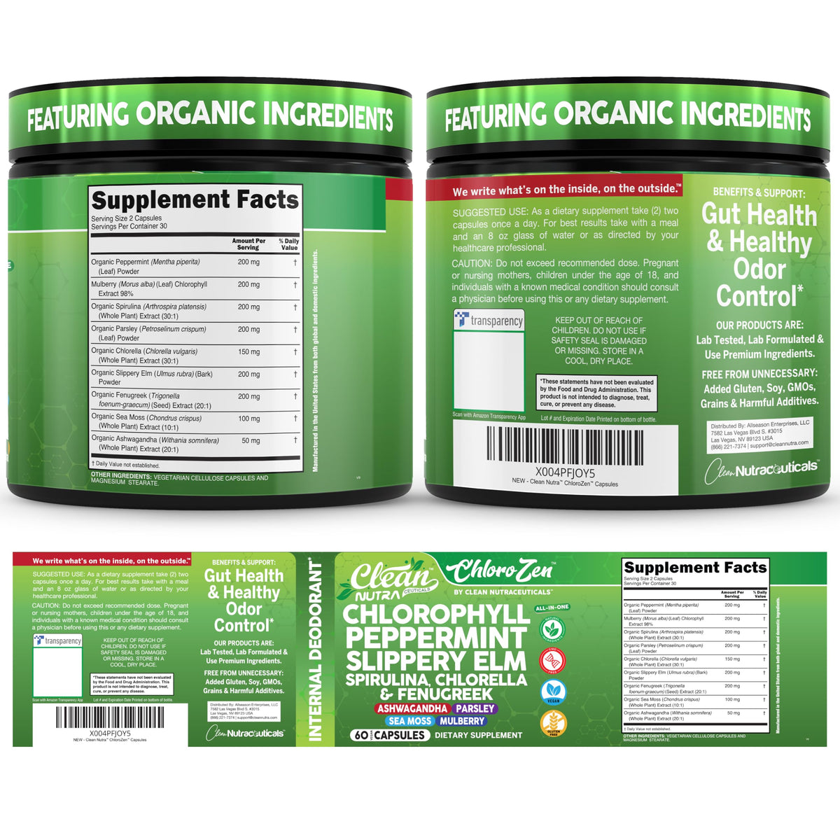 Clean Nutra Chlorophyll Capsules + Peppermint Slippery Elm Spirulina Chlorella Fenugreek Ashwagandha Sea Moss Supplement – Ph Balance for Women Detox Internal Deodorant Supplement + Prebiotics 60 Ct
