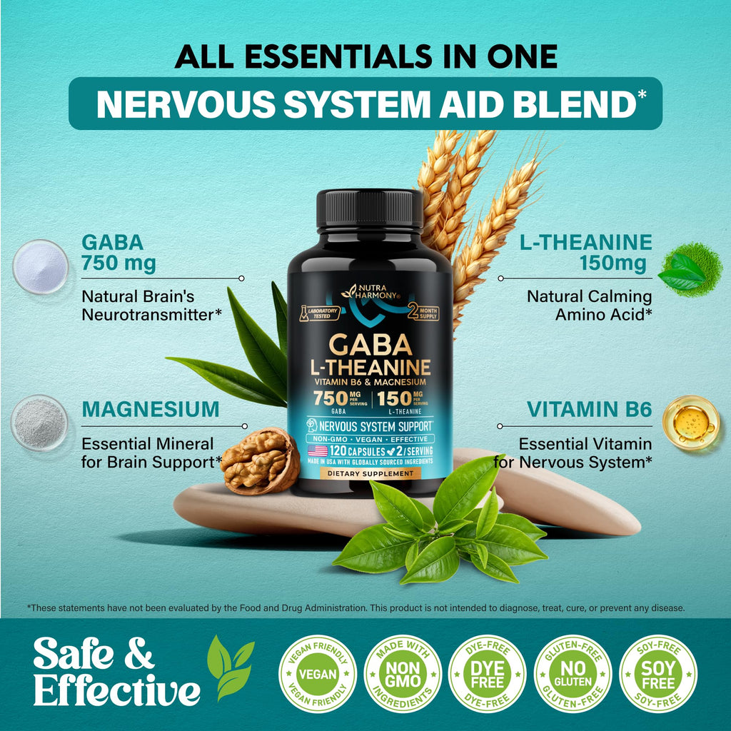 GABA L-Theanine Supplement 900 mg - Calm, Sleep & Relaxation - 120 Caps | GABA 750 mg, L-Theanine 150 mg with Magnesium & Vitamin B6 - Melatonin-Free & Non-Habit Forming - Vegan, Laboratory Tested