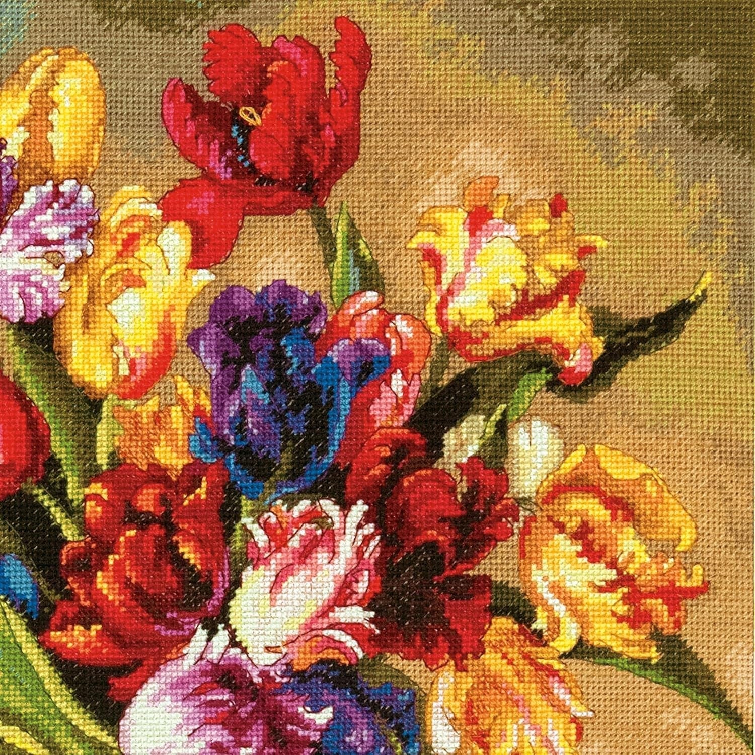 Buy now Dimensions Gold Collection Counted Cross Stitch Kit, Parrot Tulips, 14 Count Black Aida, 12'' x 15'' at indiglob india