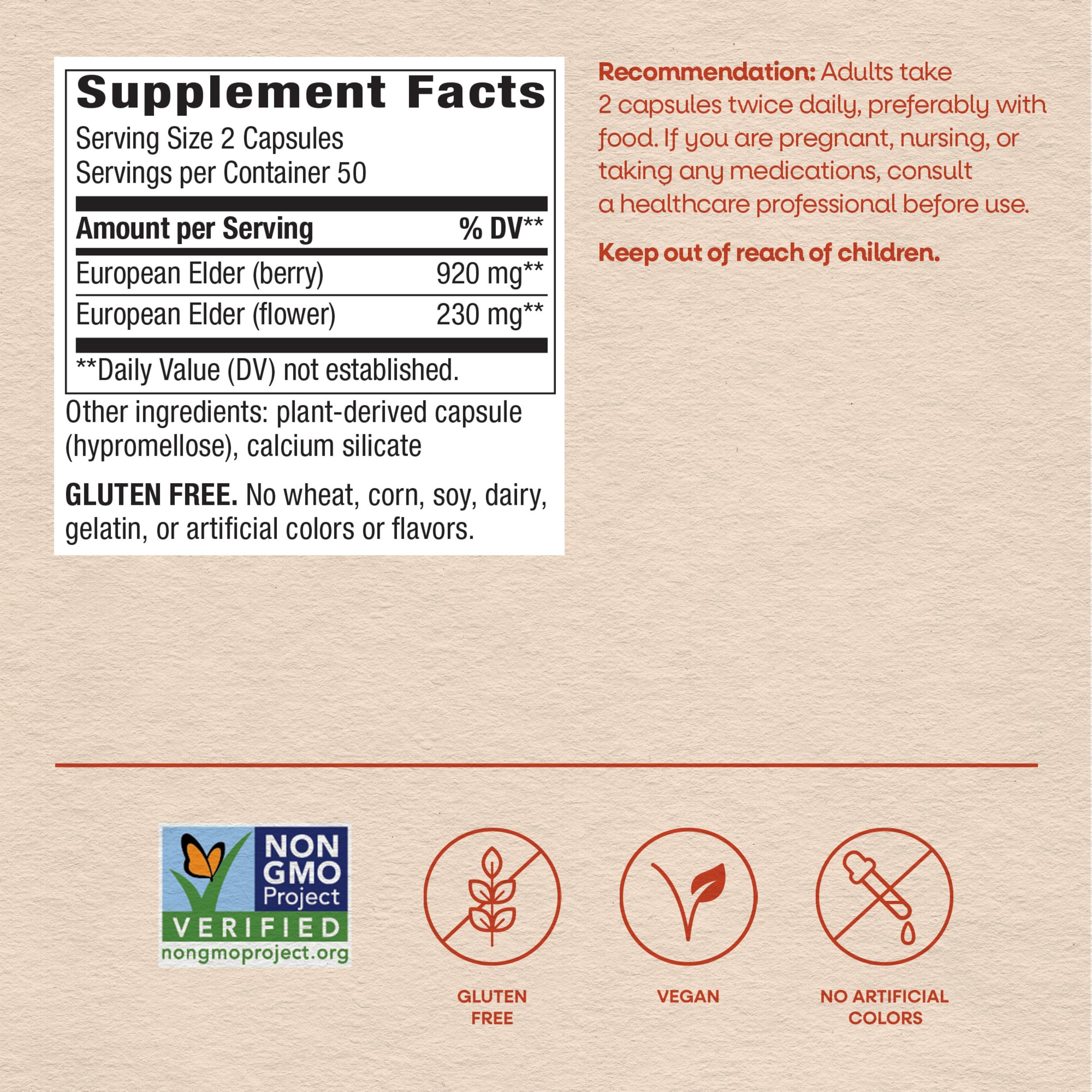 Nature's Way Black Elderberry Capsules, 1,150 mg per Serving, Vegan, 100 ct | Traditional Immune Support Supplement with Elderberry and Elderflower*, Plant-Powered Vegan Capsules