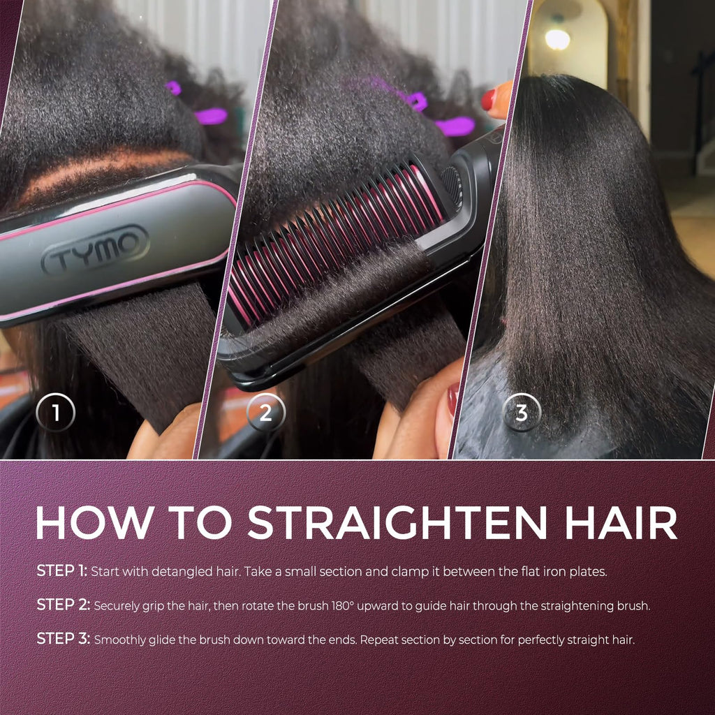 TYMO Flat Iron Hair Straightener Brush 2 in 1, 200M Ions Ceramic Hot Comb | Hair Straighteners for Women, Hair Iron for Anti-Frizz Straights, Waves, Curl, 3X Less Heat Damage, Dual Voltage, Black