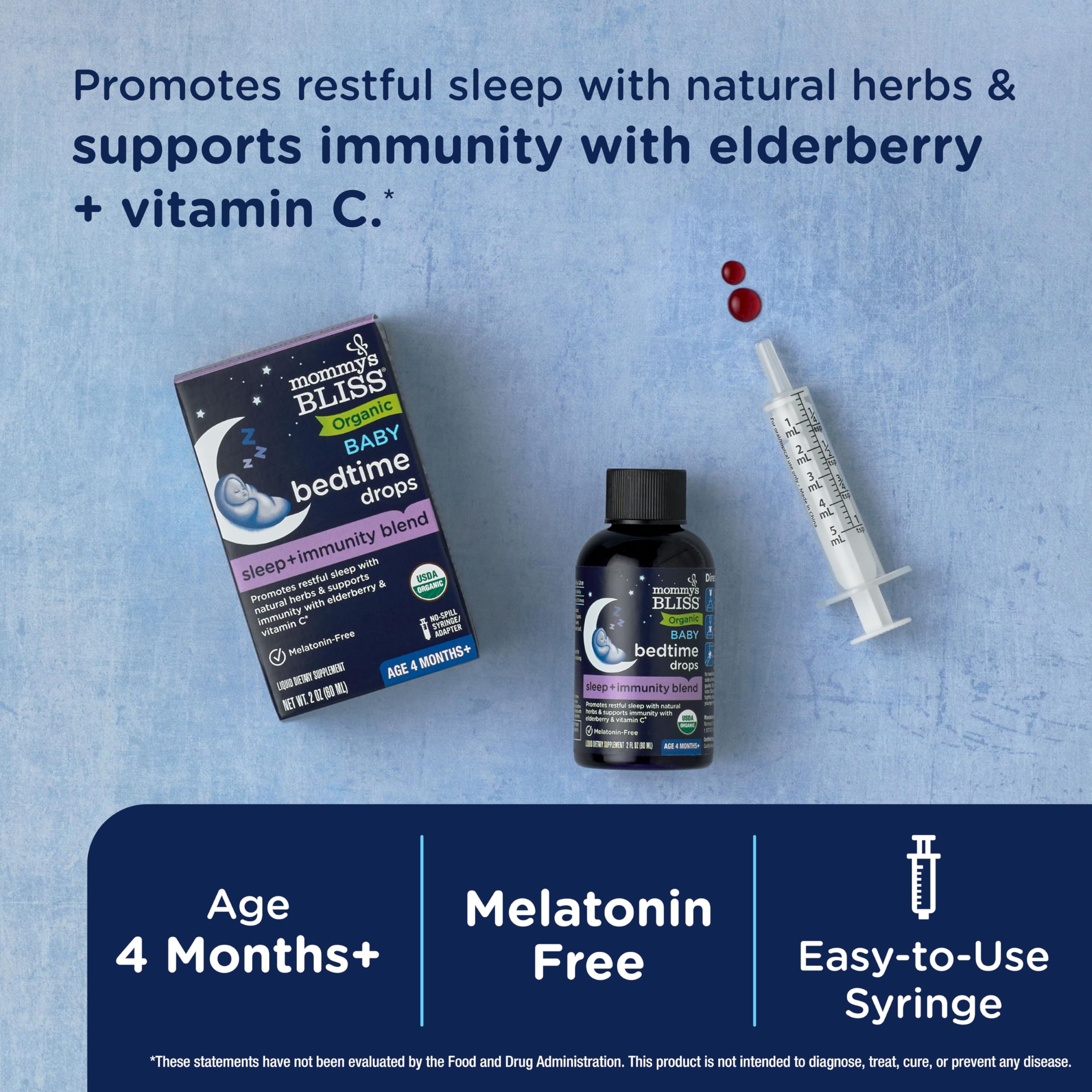 Mommy's Bliss Organic Baby Bedtime Drops + Overnight Immunity Support*, Promotes Restful Night, Melatonin Free, Age 4 Month+, 2 Fl Oz
