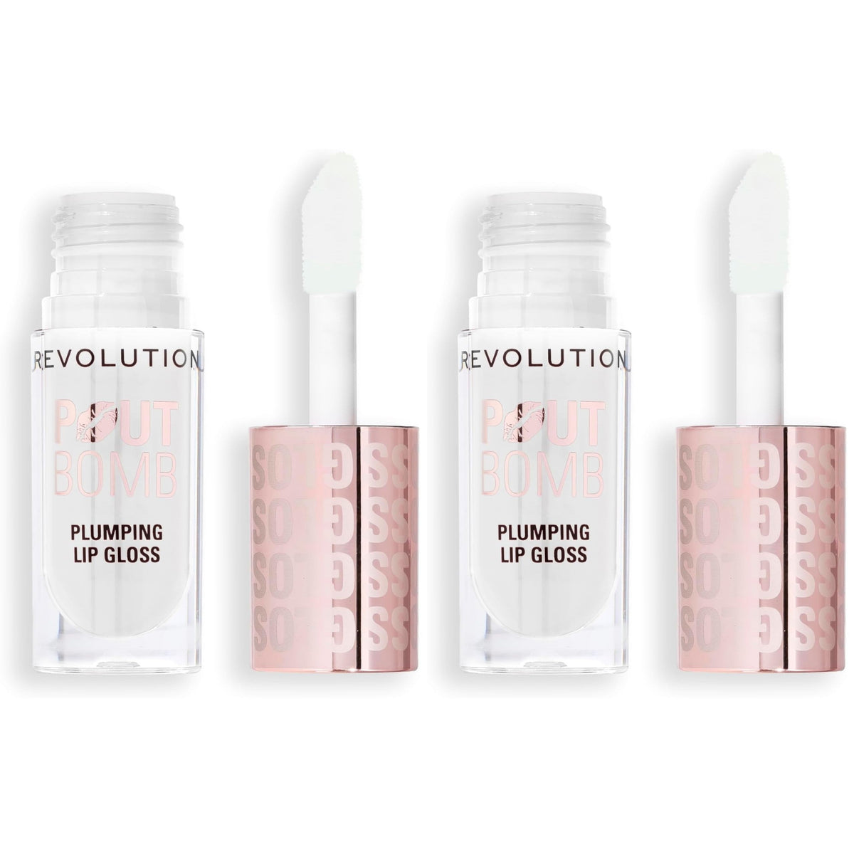 Three tubes of Revolution Pout Bomb Plumping Lip Gloss showcasing glossy packaging with applicator wands. Original product design.