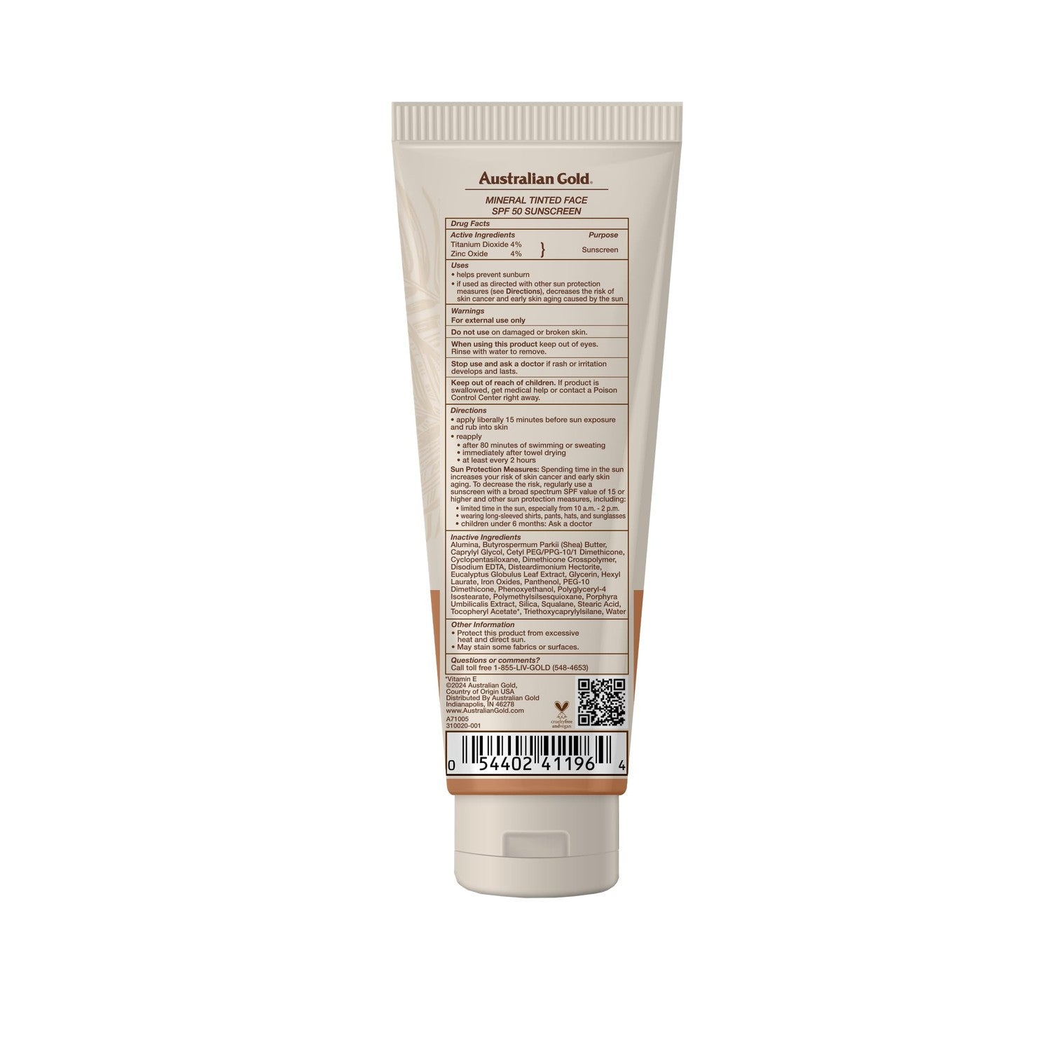 Australian Gold SPF 50 Tinted Mineral Face Sunscreen, Medium-Tan, 2.5 fl oz | Tinted mineral face sunscreen, BB cream finish, buildable coverage, 4% zinc oxide, fragrance free