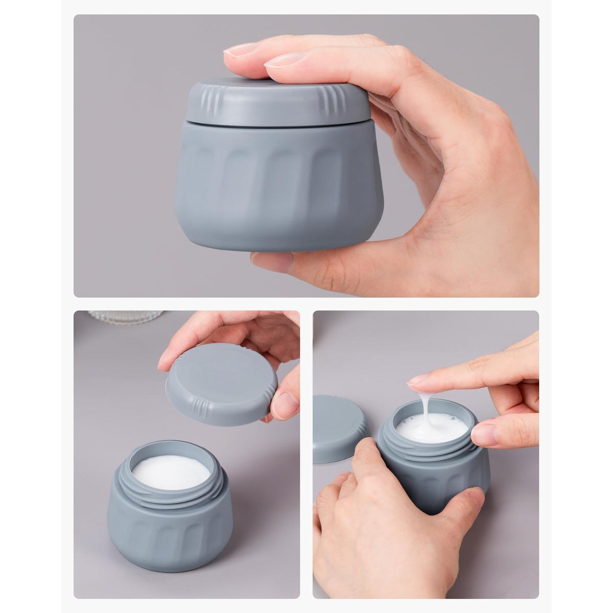 Hand holding a grey travel container for toiletries, showing its lid and smooth dispensing design. Verified by CuratCart.