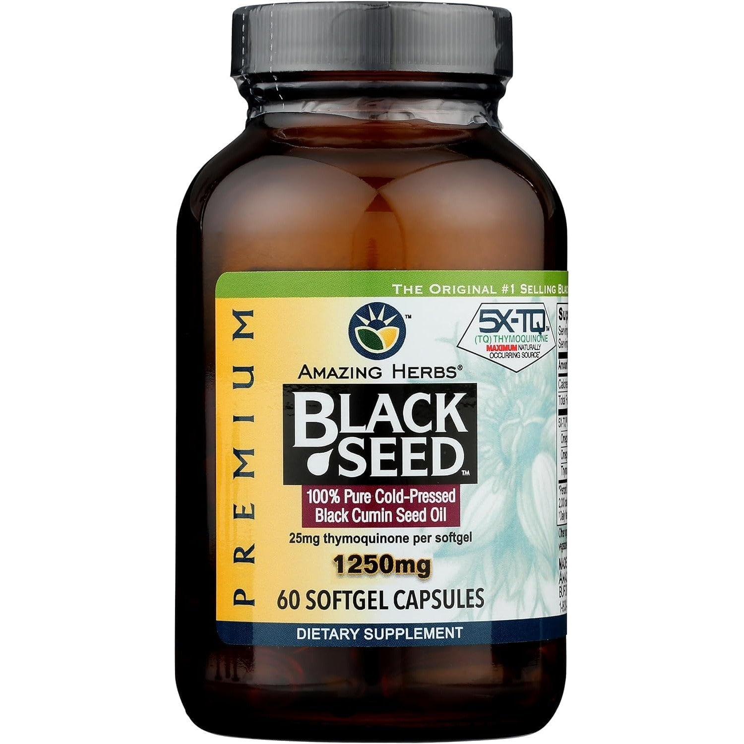 Amazing Herbs Premium Black Seed Oil - 60 Count Softgels, 1250mg | Capsules, Pressed Nigella Sativa for Women & Men, Aids in Digestive Health, Normal Immune & Brain Support