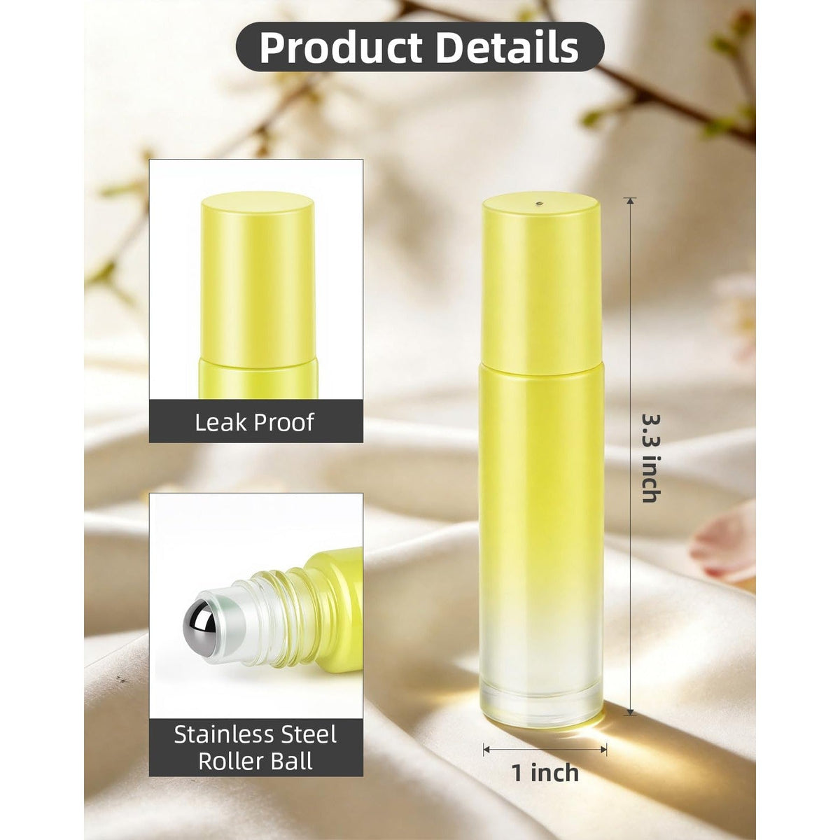 Set of 12 premium imported leak-proof roller bottles for essential oils, featuring stainless steel roller balls.