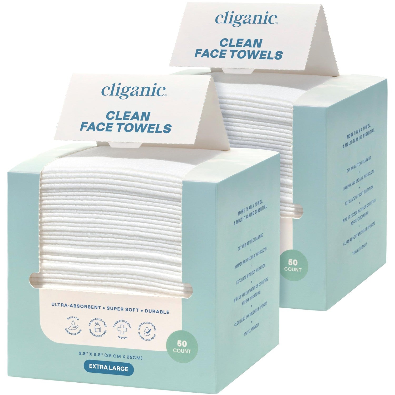 Cliganic Clean Face Towels XL, Disposable, Ultra-Absorbent, Hypoallergenic & Soft - Makeup Remover Dry Wipes, Pamper Your Face, Feel Fresh & Radiant, Hygienic Towelettes, for All Skin Types (50 Ct)