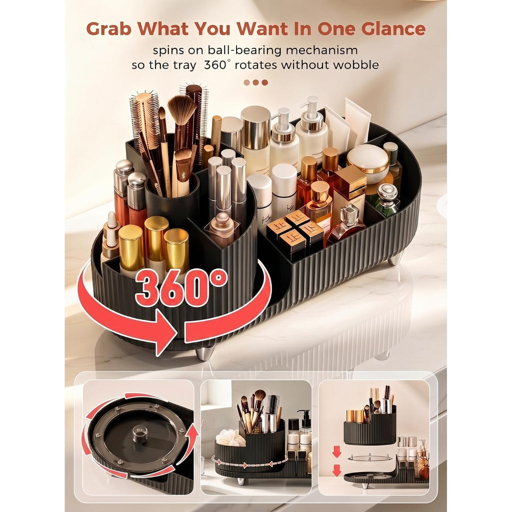 Premium imported 360° rotating makeup organizer with ball-bearing mechanism for easy access to cosmetics and tools.