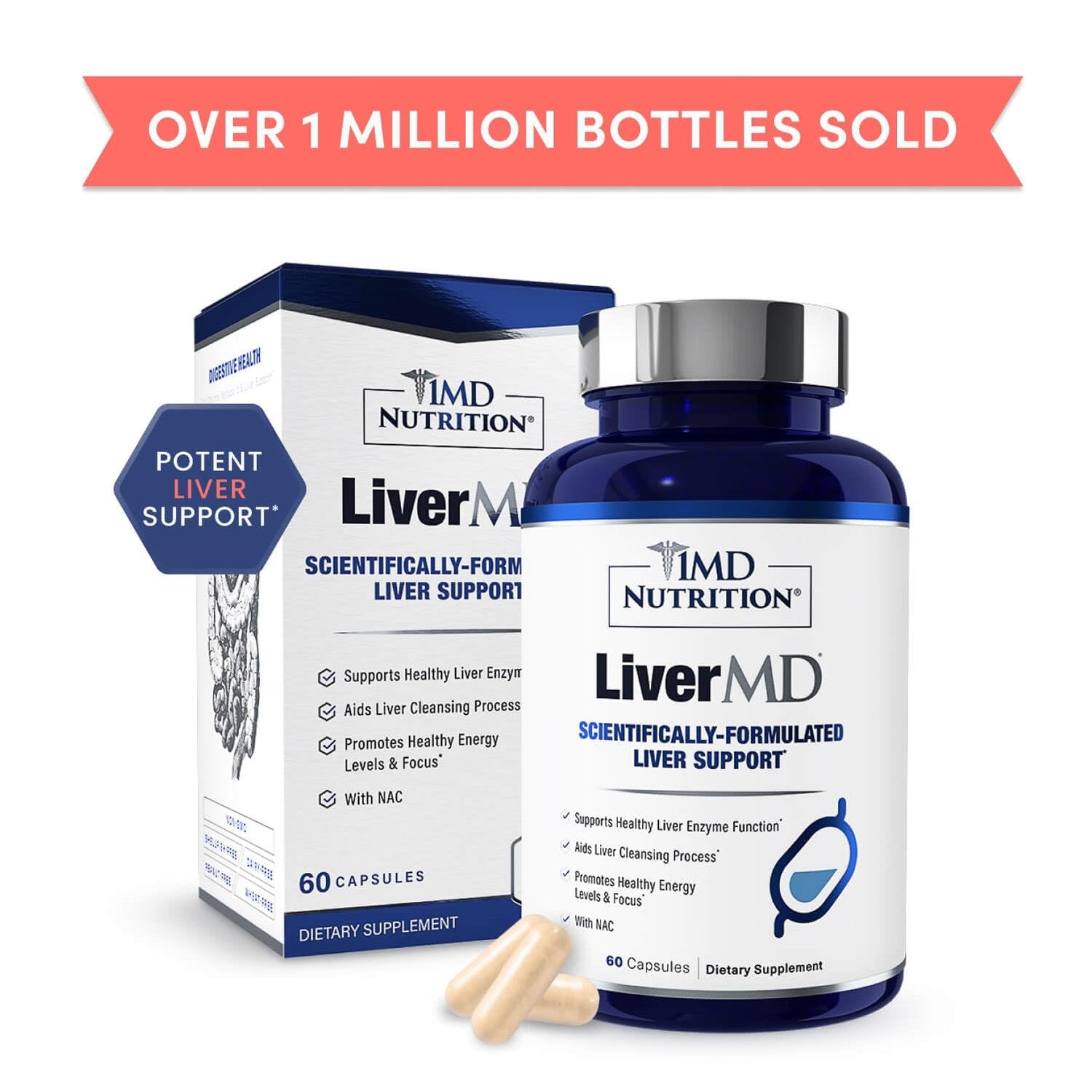 1MD Nutrition LiverMD - Liver Support Supplement | Siliphos Milk Thistle Extract & NAC - Supports Healthy Energy, Immunity & Overall Health - Liver Cleanse & Support | 60 Capsules