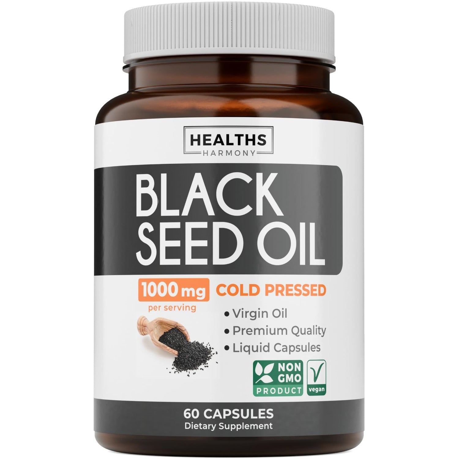 Black Seed Oil - 120 Softgel Capsules Skin Health (Non-GMO & Vegan) Cold-Pressed Nigella Sativa Producing Pure Black Cumin Seed Oil with Vitamin E - 500mg Each, 1000mg Per 2 Capsule Serving