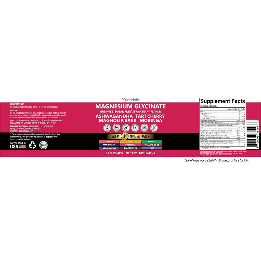 Adndale Magnesium Glycinate 400 mg Gummies with Ashwagandha, Magnesium Malate & Taurate, Tart Cherry, Magnolia Bark, Lemon Balm, Passionflower, Chamomile, L-Theanine, Zinc, Vitamin K2 & D3. 180CT