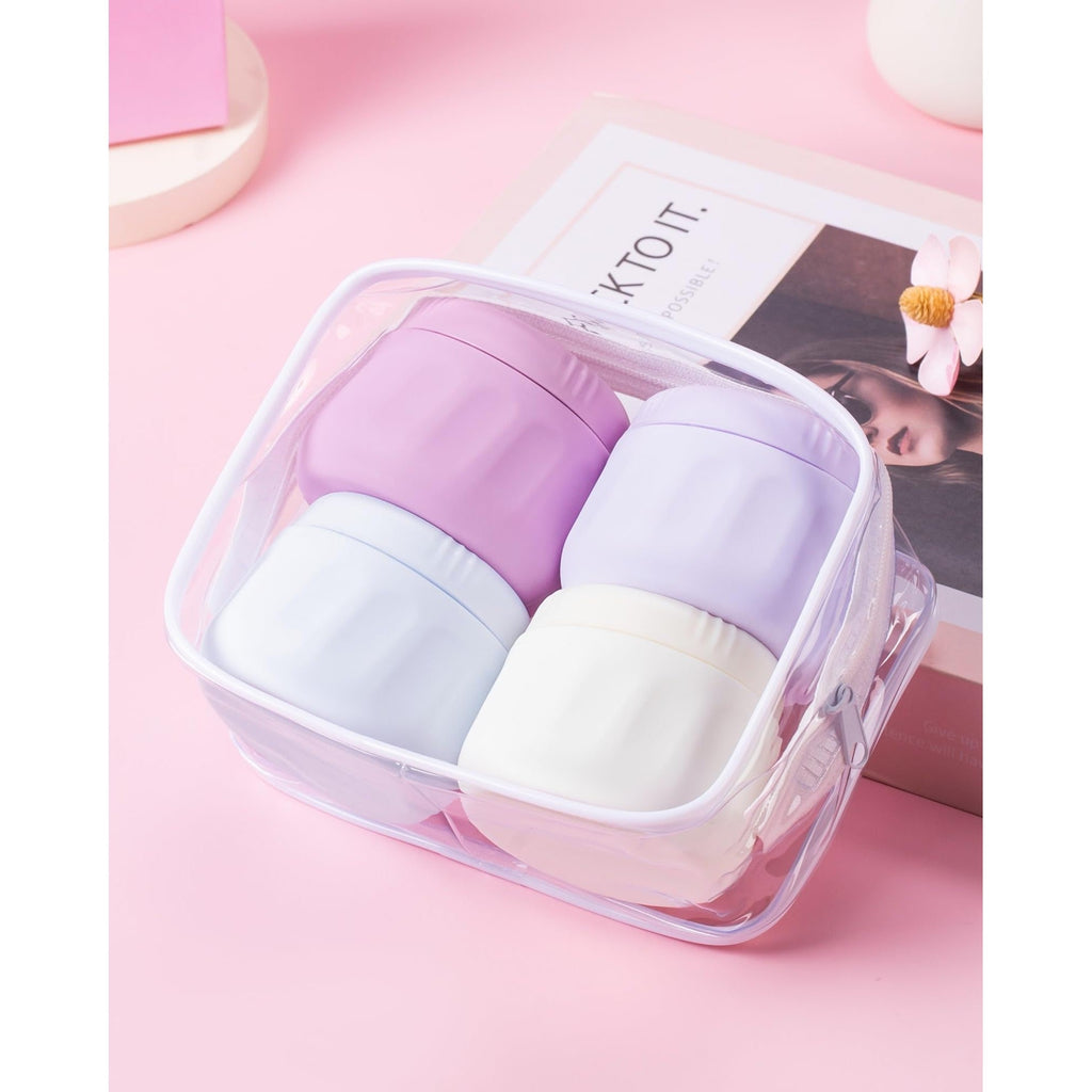 Set of Mrsdry colorful travel containers for toiletries in a clear bag. Available for order online in India!