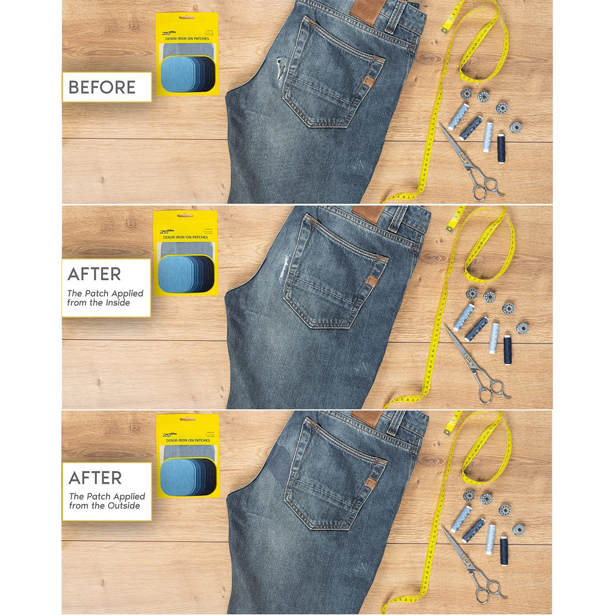 ZEFFFKA Iron-On Denim Patches for Jeans Repair 10 Pieces Blue and Black