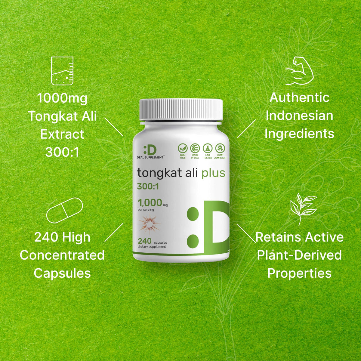 Tongkat Ali Extract 300:1 with Horny Goat Weed 1,100mg – Indonesian Longjack Eurycoma Longifolia Root – Extra Strength Herbal Supplement for Energy