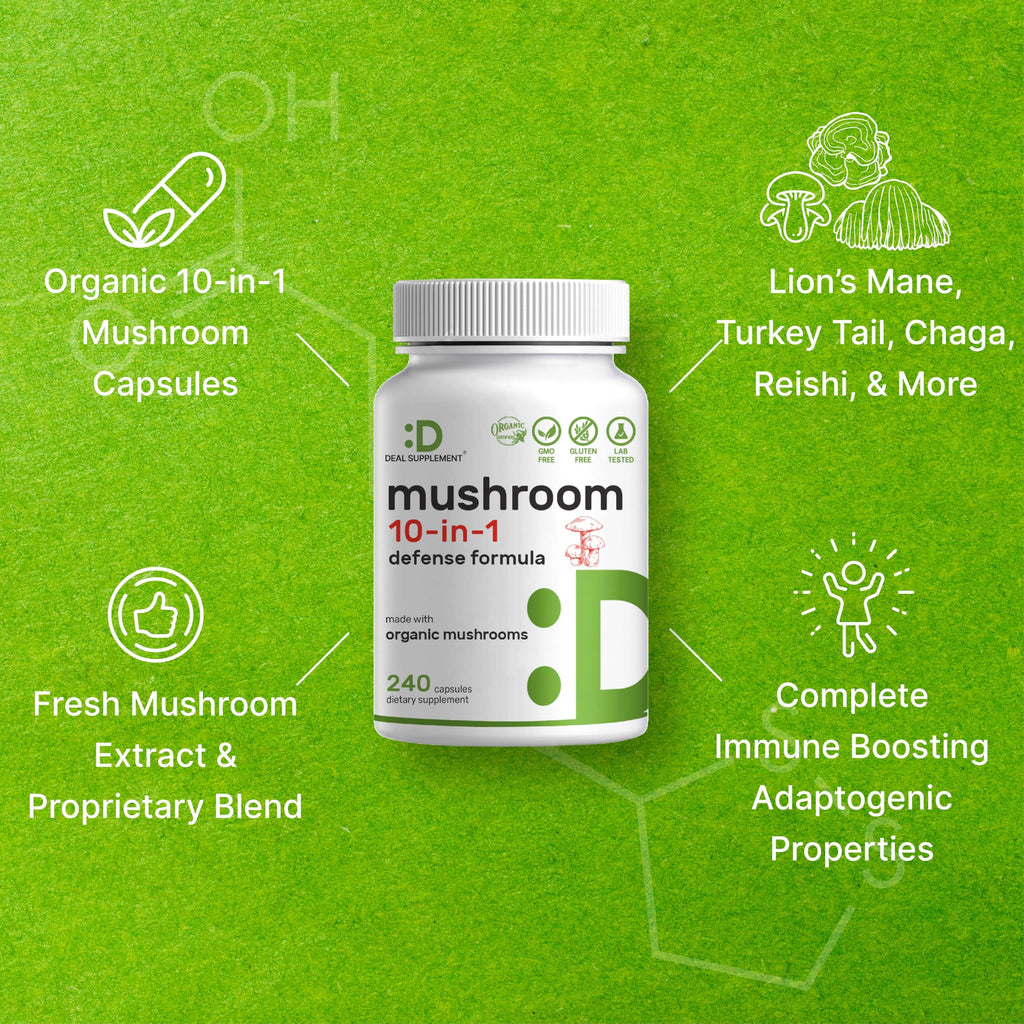 Organic 10-in-1 Mushroom Supplement, 240 Capsules – Lions Mane, Turkey Tail, Reishi, Cordyceps & More Mushroom Complex – Immune, Energy & Nootropic Brain Support – Non-GMO