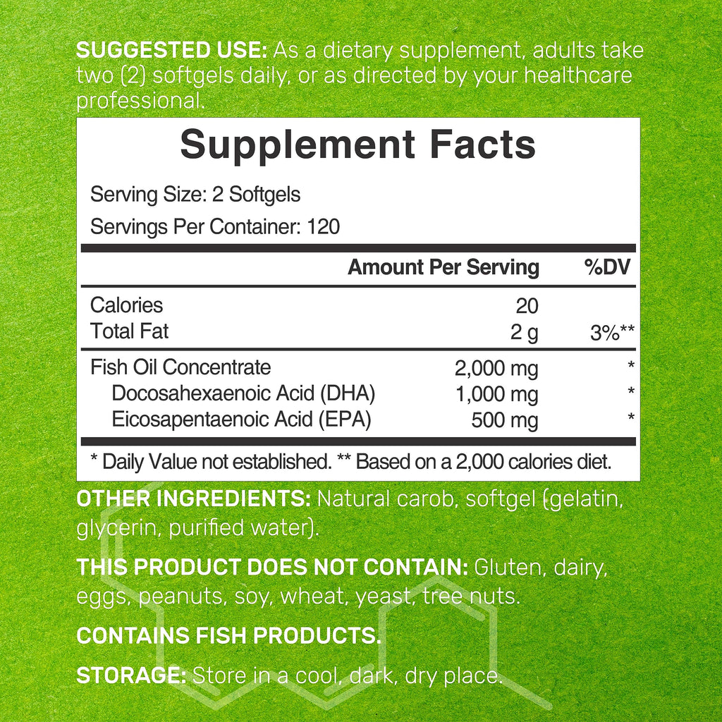 DHA Supplements | 240 Softgels, Burpless, Lemon Flavor, DHA 1000mg + EPA 500mg, Wild Caught Fish, Rich in Omega-3s, Mercury Free, Non-GMO, Support Brain Heart & Joint Health