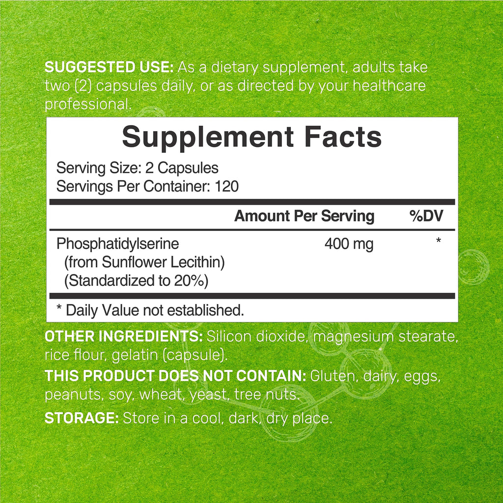 Phosphatidylserine Supplement, 400mg Serving, 240 Capsules – Soy Free Sunflower Lecithin Source