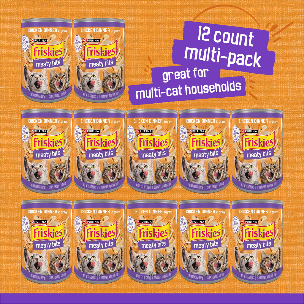 Friskies Purina Meaty Bits Cat Food in Gravy, Chicken Dinner, (12) 13.5 oz