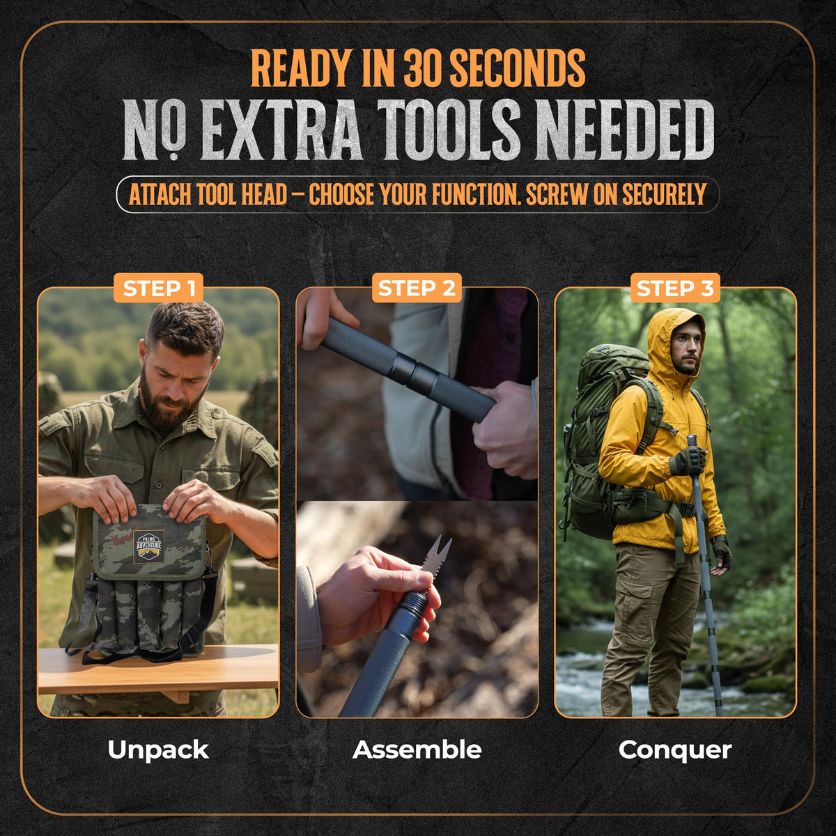 Prime Adventure 15-in-1 Tactical Survival Walking Stick & Hiking Staff – Heavy-Duty Collapsible Multitool for Camping, Hiking & Outdoor Survival Gear (8 Tubes, Premium Build)