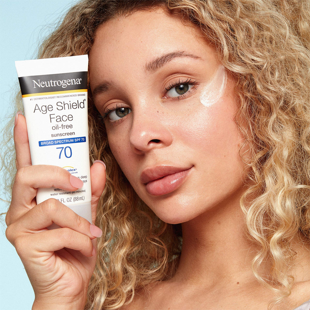 Buy now Neutrogena Age Shield Face Oil-Free Sunscreen Lotion with Broad Spectrum SPF 70, Non-Comedogenic Moisturizing Sunscreen to Help Prevent Signs of Aging, PABA-Free, 3 fl. oz. at indiglob india