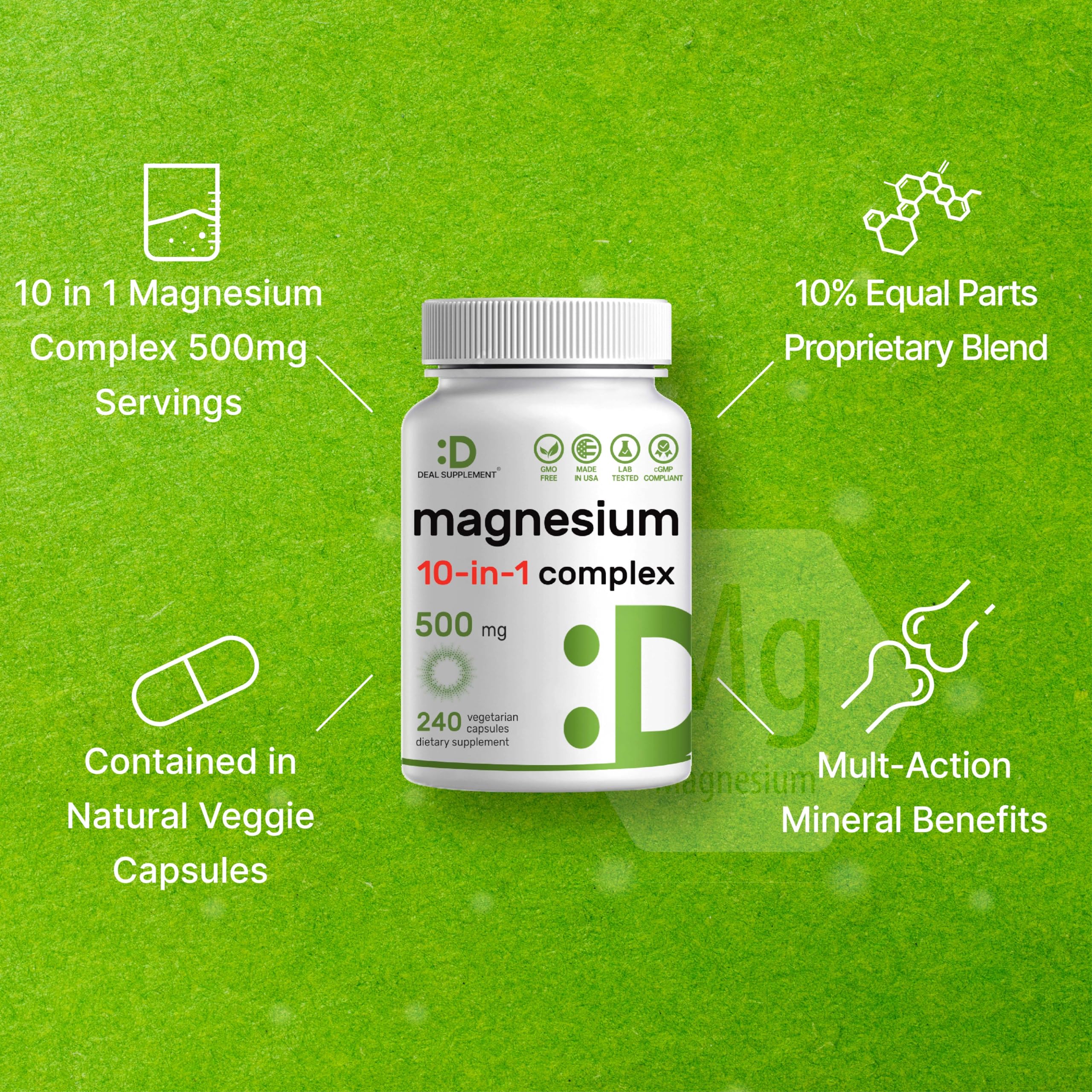 Magnesium Complex 500mg, 480 Veggie Capsules – Pack of 2 | 10-in-1 Glycinate, Citrate, Malate, Oxide, & More – 100% Chelated for Easy Absorption – Essential Mineral Supplement – Non-GMO