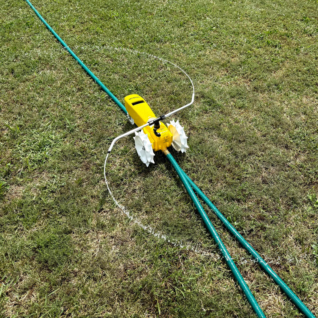 Nelson Rain Train 13,500 Square Feet Cast Iron Outdoor Lawn Traveling Water Sprinkler for Yard, and Garden, with Auto Shut Off, Yellow