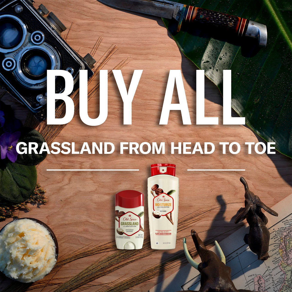Old Spice Grassland Antiperspirant & Deodorant displayed on a rustic background. Verified by CuratCart for quality assurance.