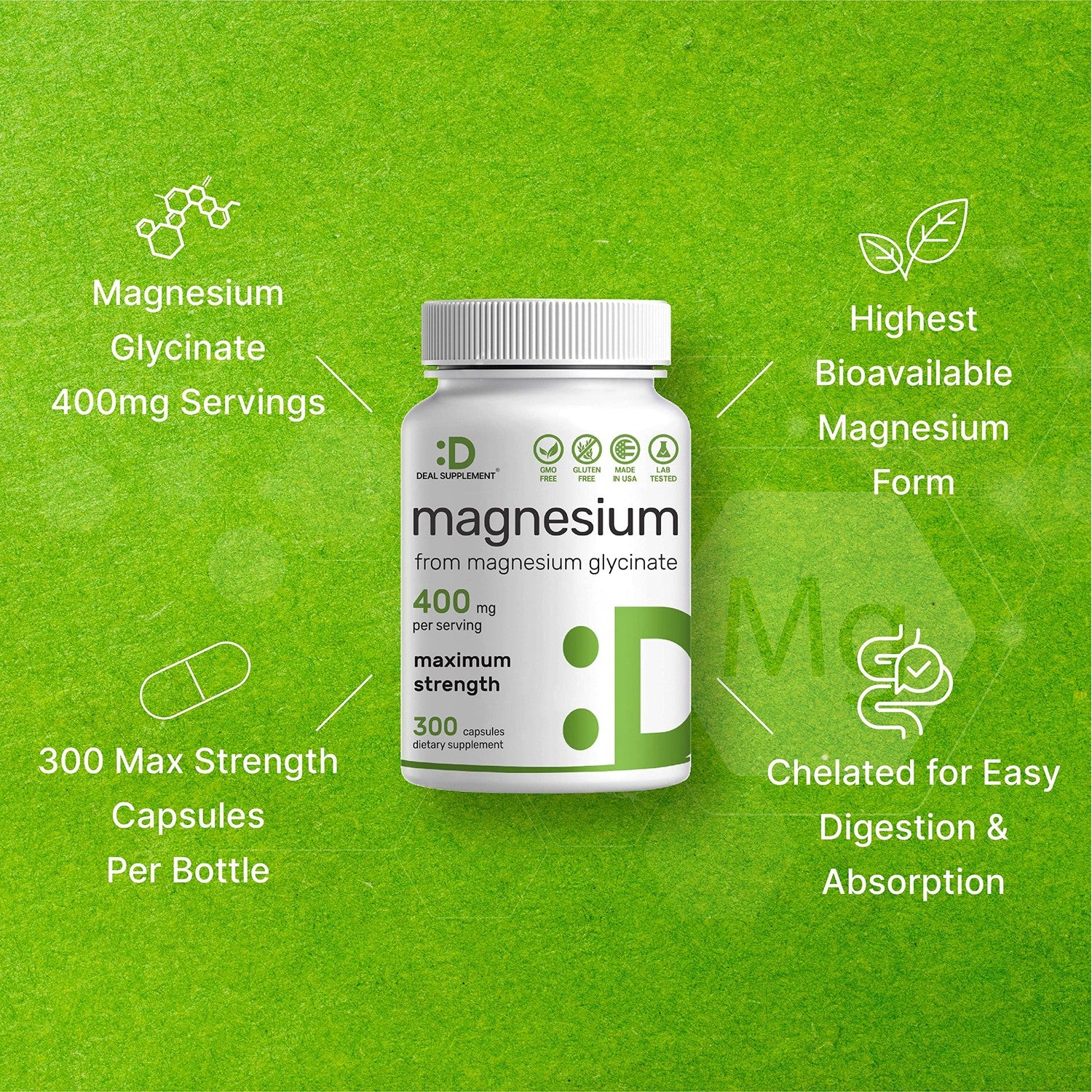 Magnesium Glycinate 400mg, 300 Capsules | 100% Chelated for Easy Absorption | Essential Mineral Supplement for Muscle, Sleep, & Heart Health*