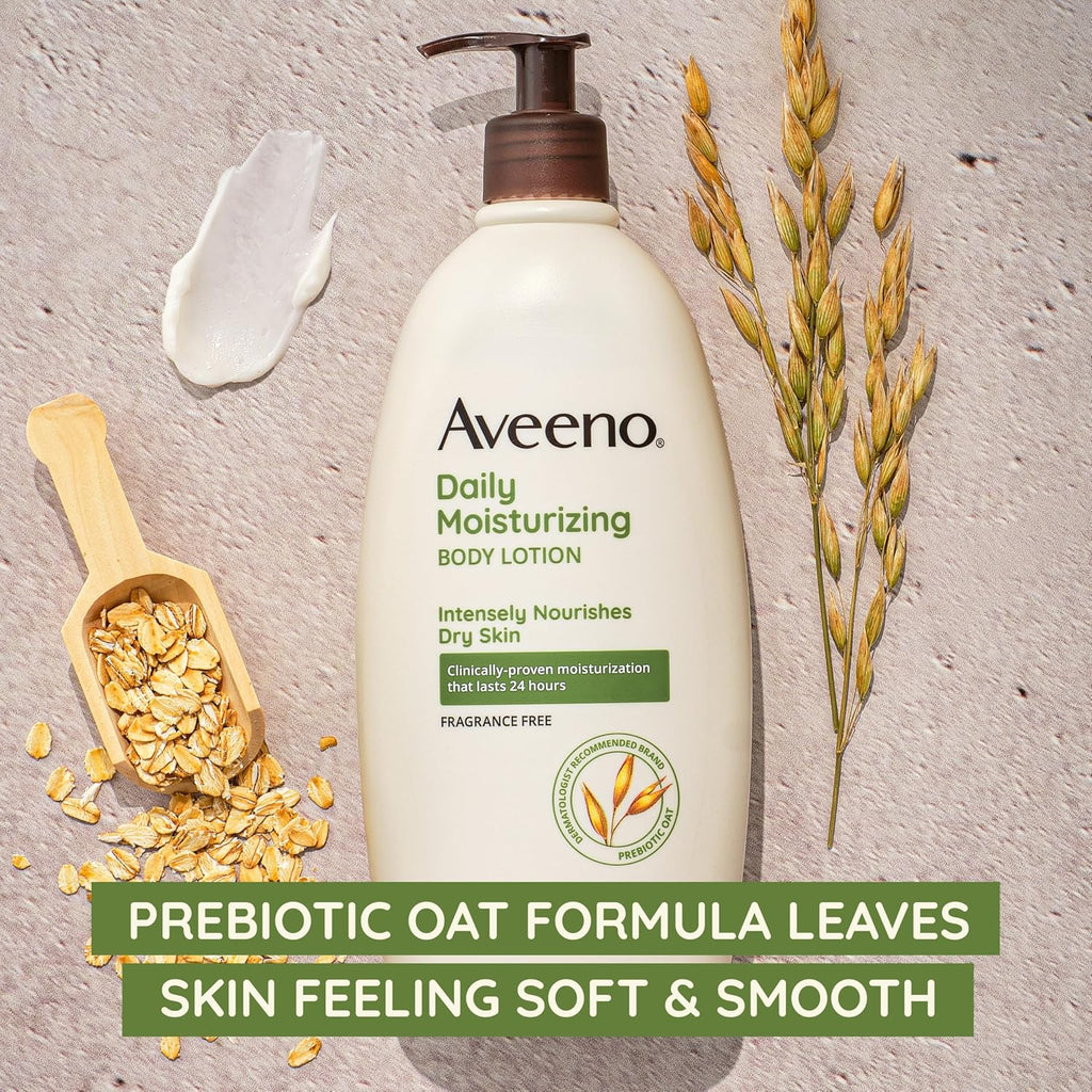 Buy now Aveeno Daily Moisturizing Body Lotion with Soothing Prebiotic Oat, Gentle Lotion Nourishes Dry Skin With Moisture, Paraben-, Dye- & Fragrance-Free, Non-Greasy & Non-Comedogenic, 12 fl. Oz at indiglob india