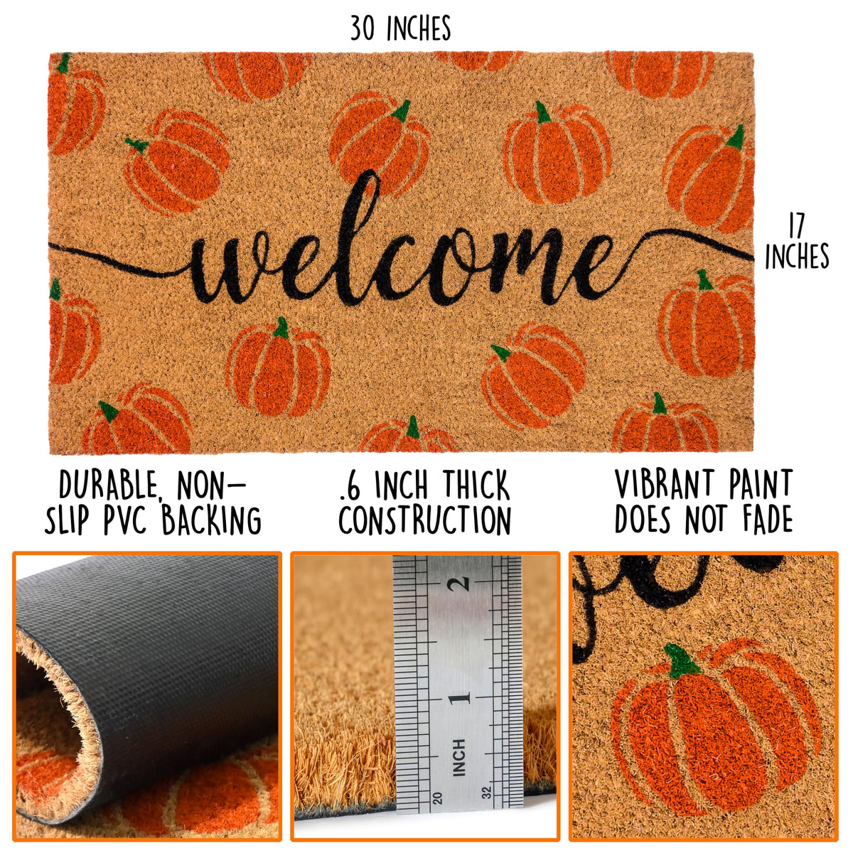 Pumpkin Door Mat 30x17 Inch, Fall Welcome Mat Coir, Halloween Doormat