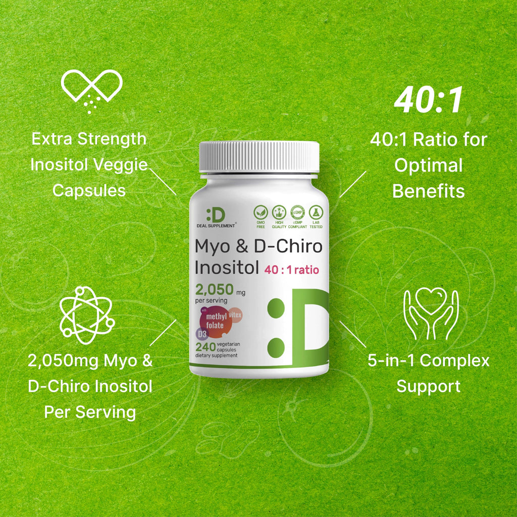 Myo-Inositol & D-Chiro Inositol Supplement for Women (40:1) | 2,050mg Per Serving | 240 Veggie Capsules | with Folate, Vitamin D3 & Vitex | Hormonal Balance & Cycle Support | Non-GMO
