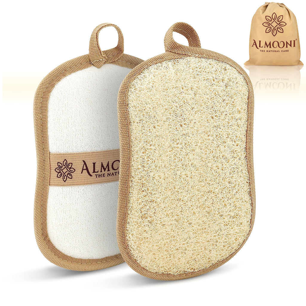 Almooni Natural Loofah Exfoliating Body Scrubber, Shower Sponge 2 Count | Natural Egyptian Loofah, Exfoliating Sponge for Face and Body, Bath Shower Loofah Sponge for Women and Men, 2 count pack