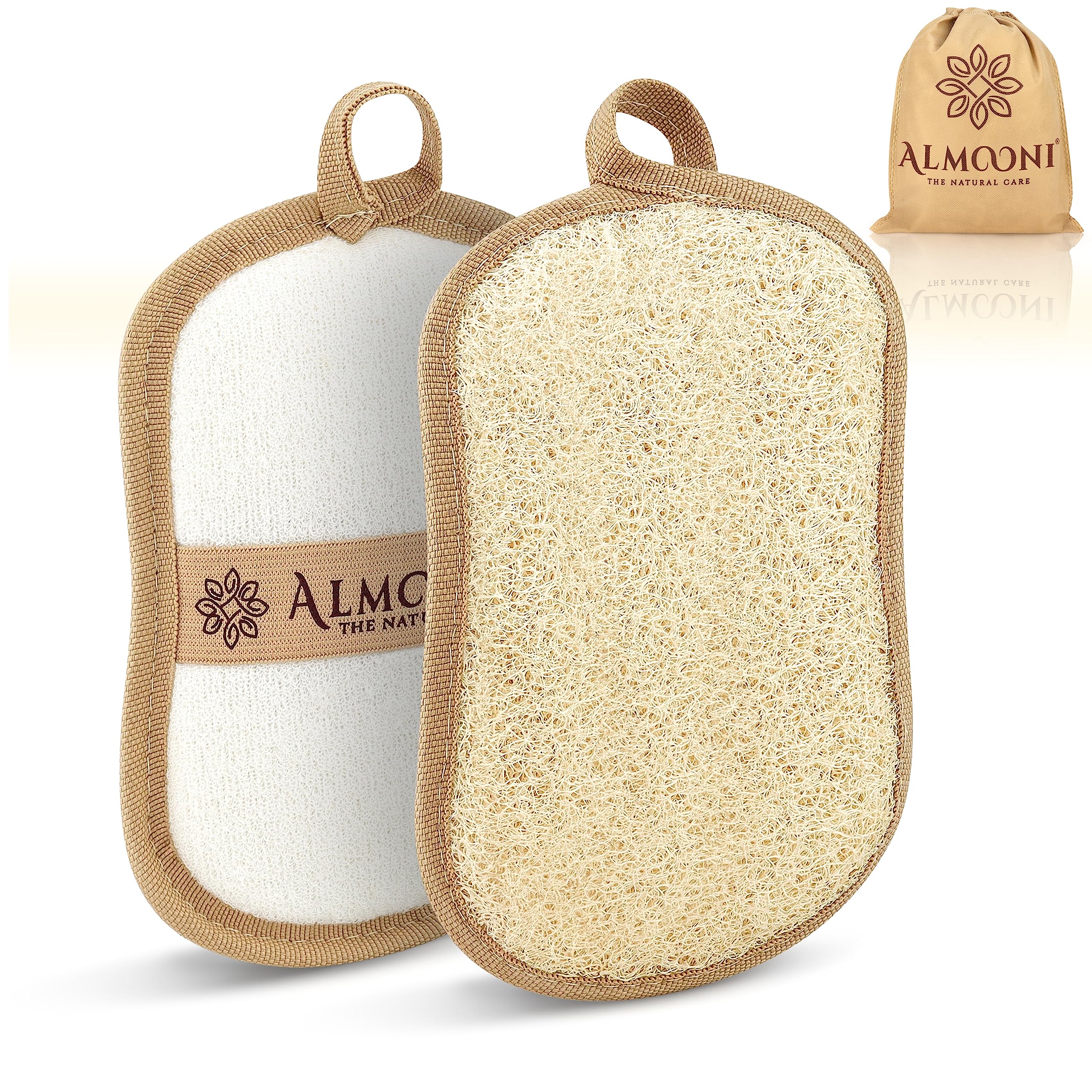 Almooni Natural Loofah Exfoliating Body Scrubber, Shower Sponge 2 Count | Natural Egyptian Loofah, Exfoliating Sponge for Face and Body, Bath Shower Loofah Sponge for Women and Men, 2 count pack