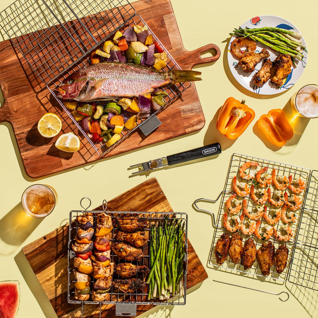 SHIZZO Grill Basket Gift Set with Skewers, Basting Brush, Gift Box