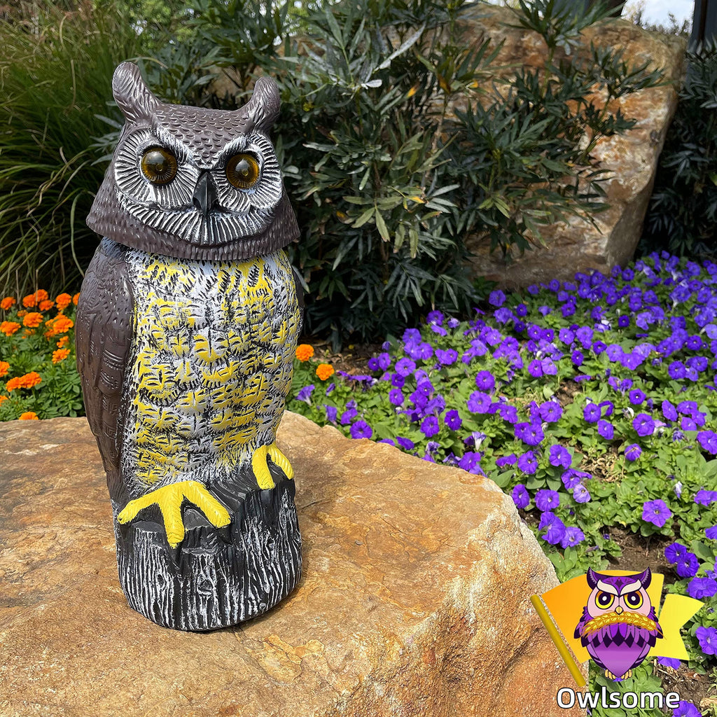 Owlsome Solar Owl with Glowing Eyes, Rotating Head, Hoot Sound, Motion Detector and Silent Mode, Plastic Owl Garden Sculpture, Garden Decoration