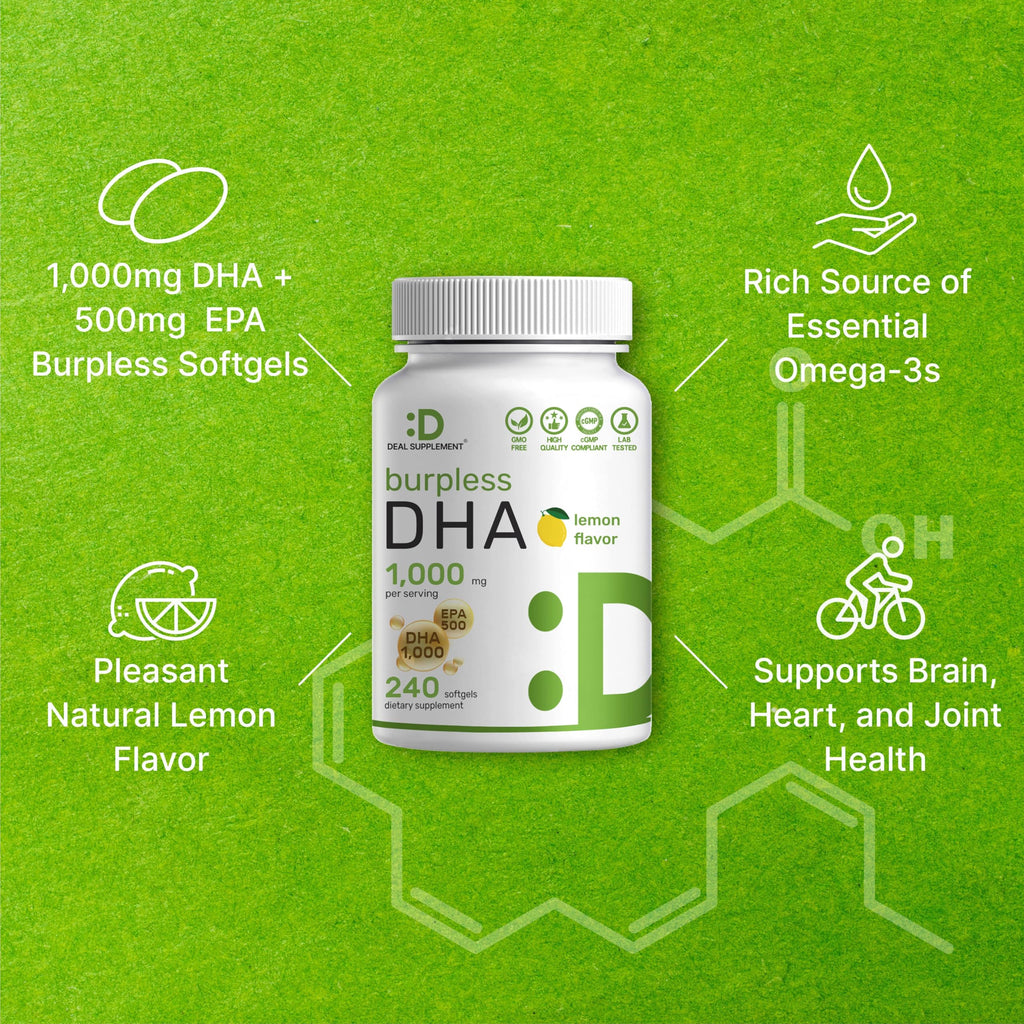 DHA Supplements | 240 Softgels, Burpless, Lemon Flavor, DHA 1000mg + EPA 500mg, Wild Caught Fish, Rich in Omega-3s, Mercury Free, Non-GMO, Support Brain Heart & Joint Health