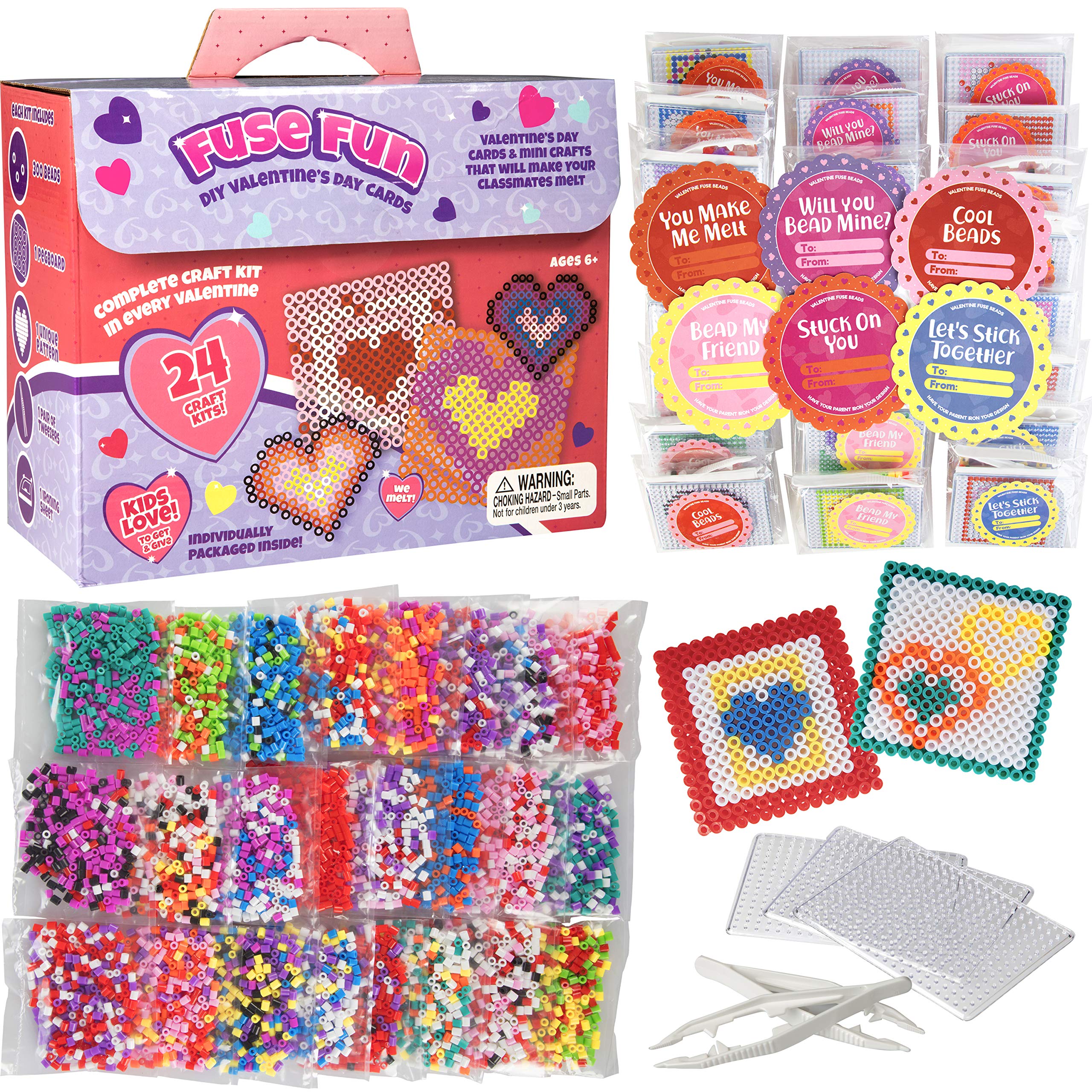 Buy now Valentines Day Cards for Kids Classroom-Heart Themed Fuse Bead Kits (24ct)-Perfect Valentines Day Gifts for Kids School Exchange for Boys & Girls -Each Includes Pixel Art Craft Activity w Perler Beads at indiglob india