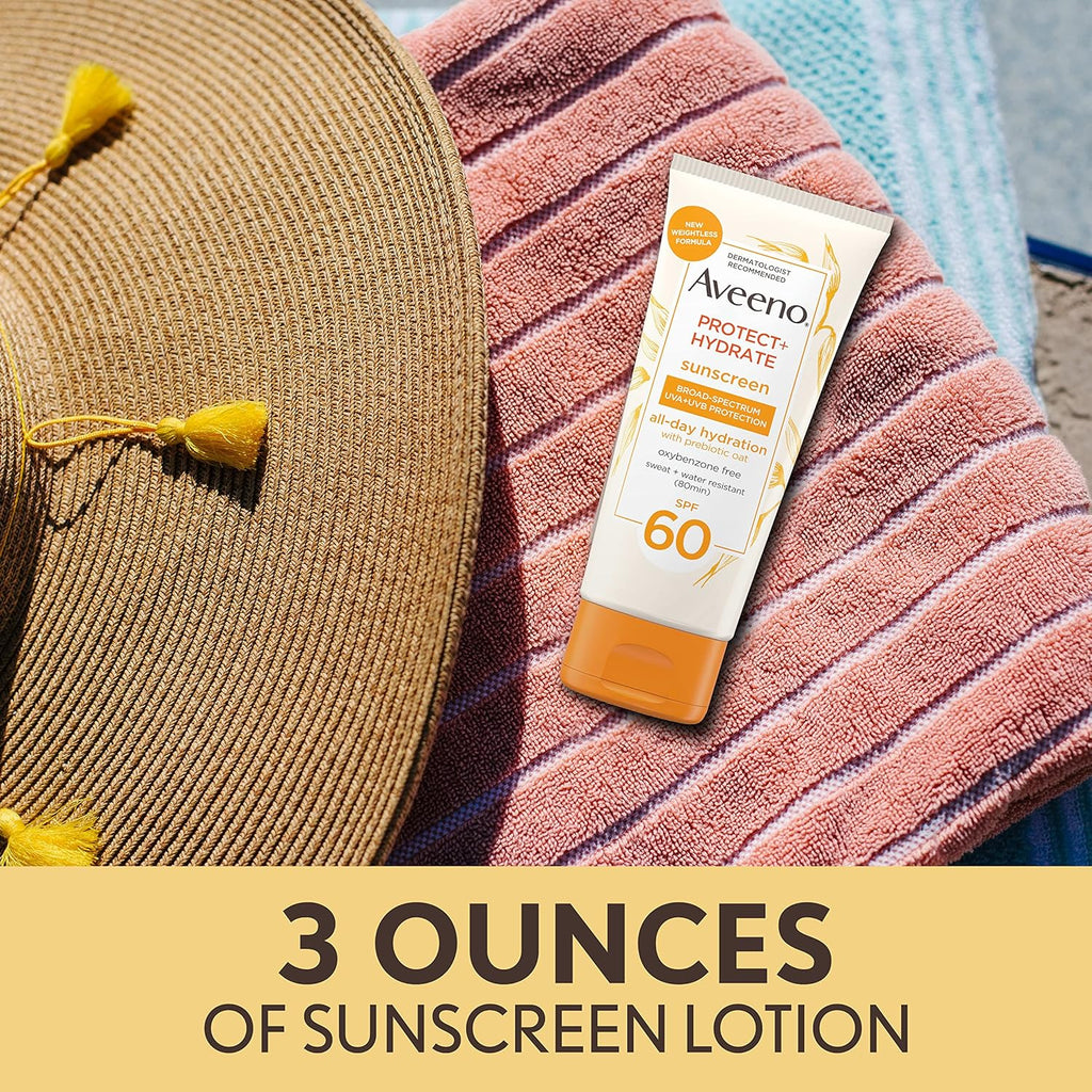 Buy now Aveeno Protect + Hydrate Moisturizing Body Sunscreen Lotion with Broad Spectrum SPF 60 & Prebiotic Oat, Weightless & Refreshing Feel, Paraben-Free, Oil-Free, Oxybenzone-Free, 3.0 fl. oz | Moisturizing, Body, Prebiotic Oat, Weightless, Refreshing Feel at indiglob india