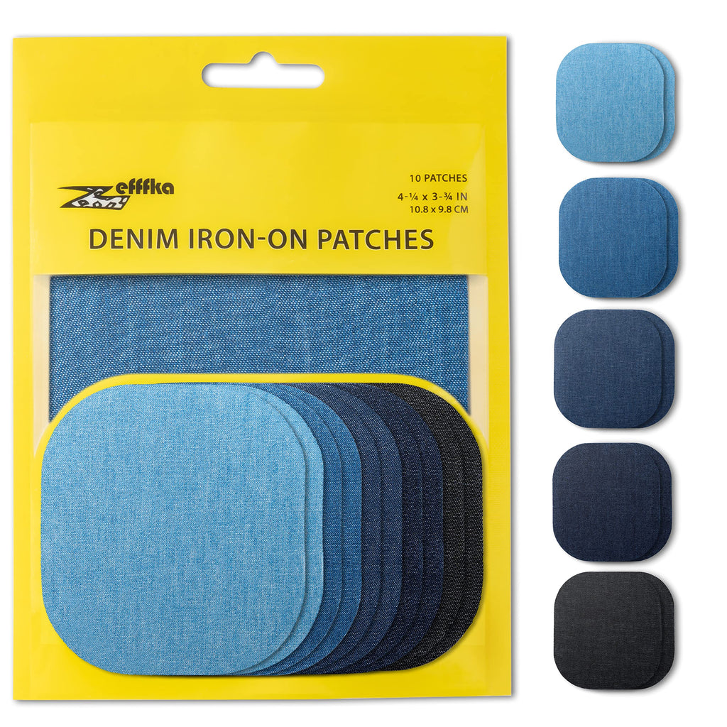ZEFFFKA Iron-On Denim Patches for Jeans Repair 10 Pieces Blue and Black