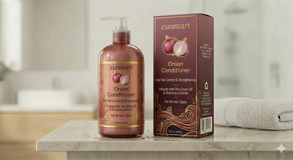 CURAT CART Onion Conditioner pump bottle and box resting on a modern bathroom vanity, suitable for all hair types.