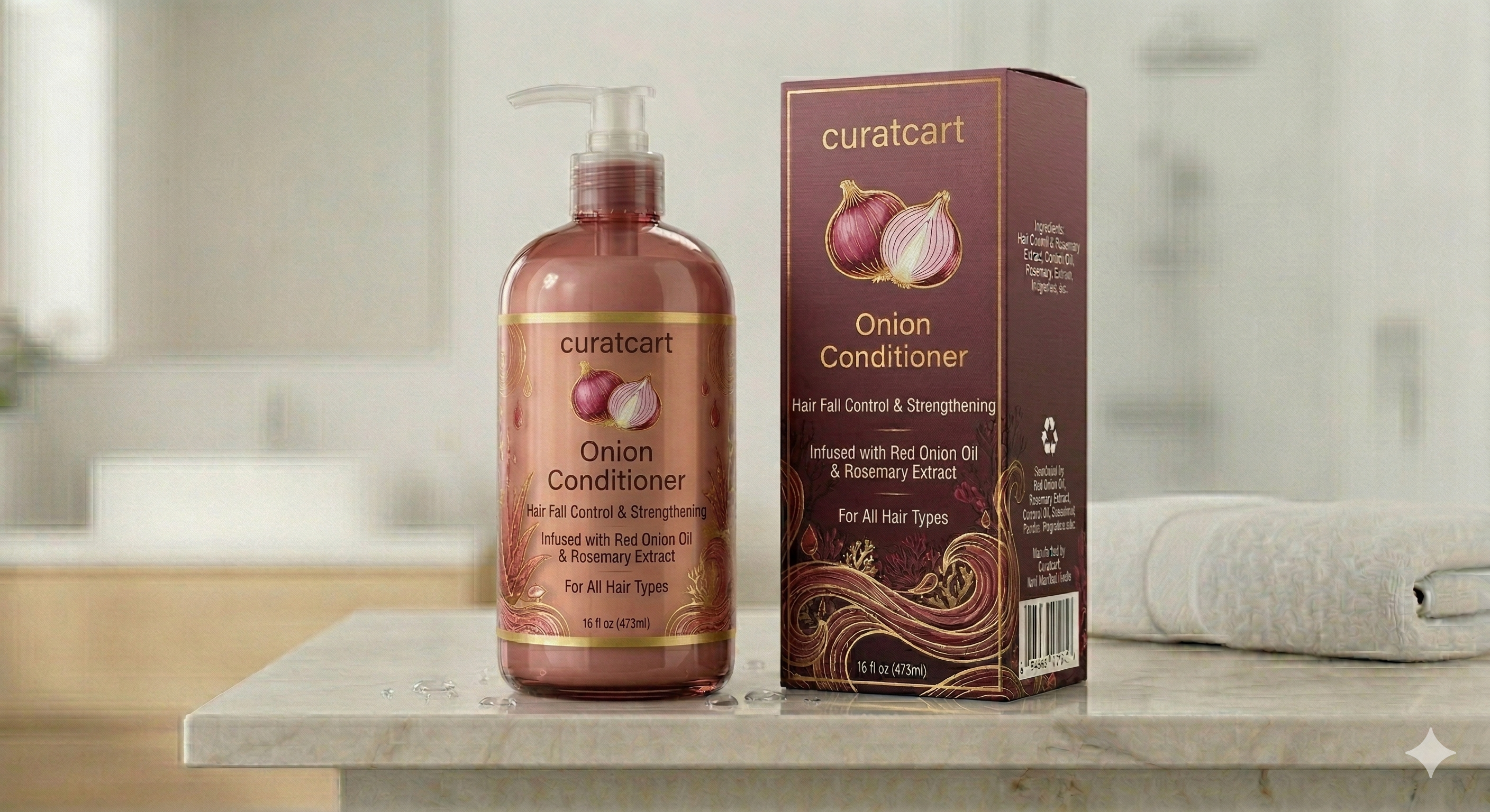 CURAT CART Onion Conditioner pump bottle and box resting on a modern bathroom vanity, suitable for all hair types.