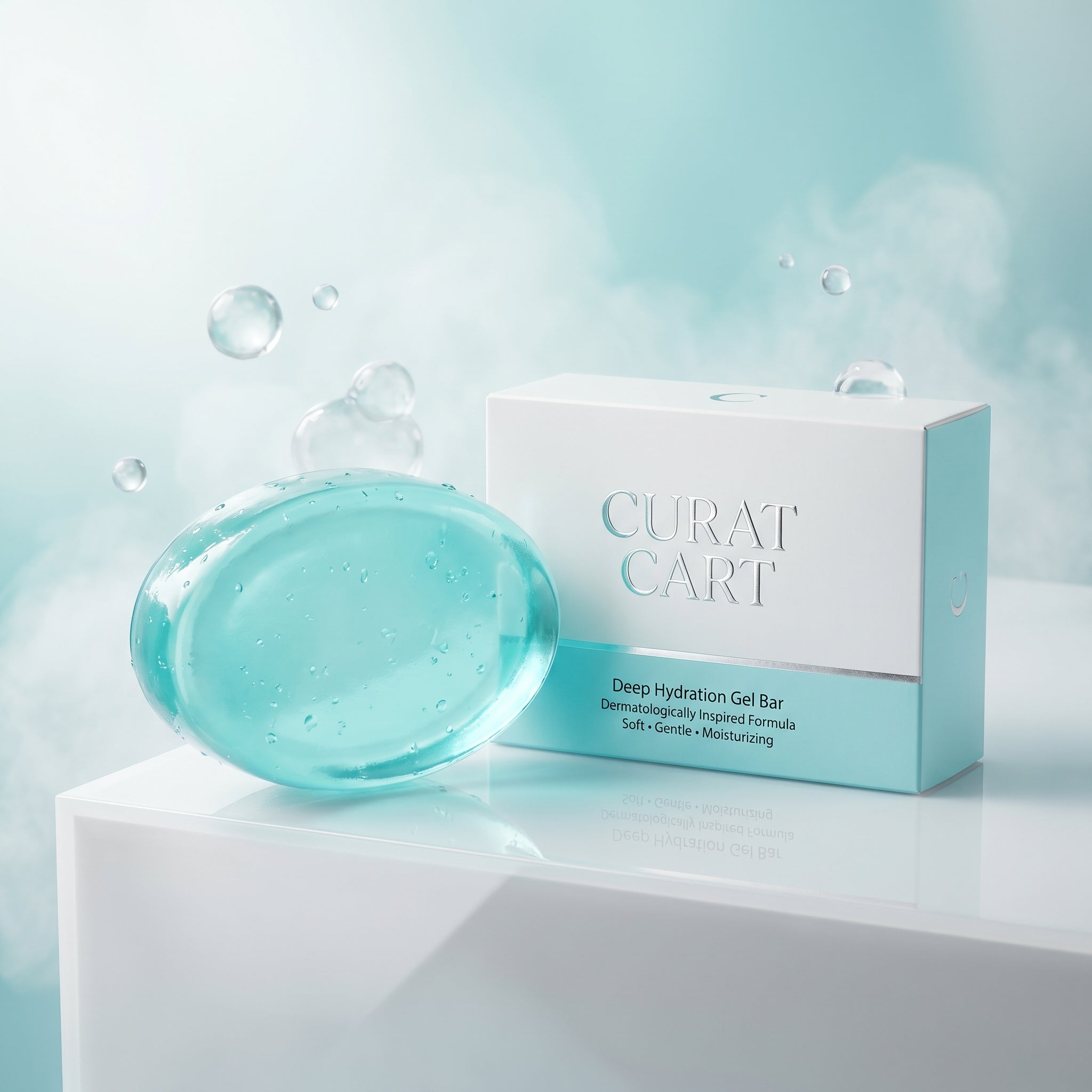 Translucent teal CURAT CART Deep Hydration Gel Bar next to its retail box with fresh water droplets.