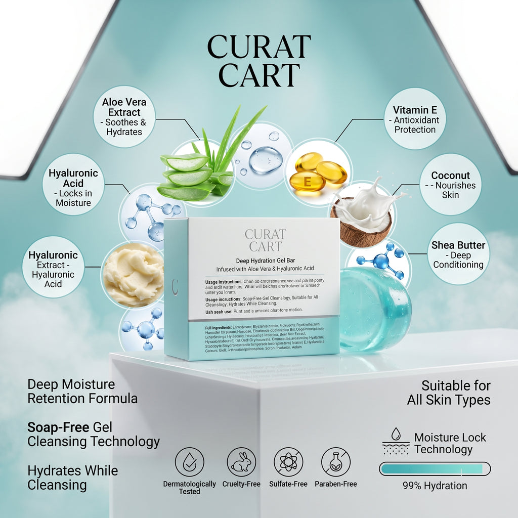 CURAT CART Deep Hydration Gel Bar infographic detailing natural moisturizing ingredients and skincare benefits.