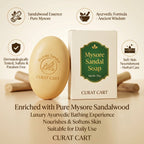 CURAT CART Mysore Sandalwood Soap infographic highlighting its traditional Ayurvedic bath bar formula for glowing skin.