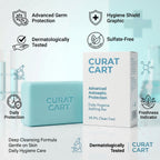 CURAT CART Daily Hygiene Protection infographic highlighting benefits like sulfate-free, germ protection, and dermatologically tested.
